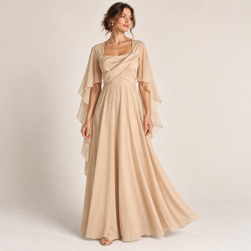 Vintage 70s Beige Maxi Dress Cape Angel Sleeves Empire Waist Gown S